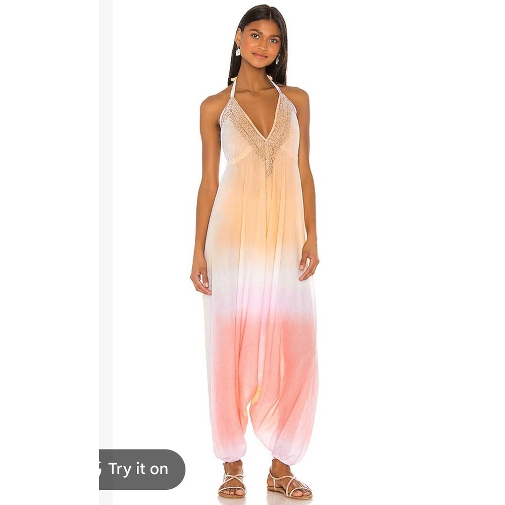 Juliet Dunn London Jumpsuit Women OS Pink Orange Ombre Gold Embroidered EUC